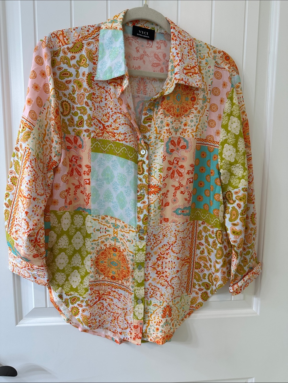 VICI Patchwork Paisley Floral Button Down  Boho Top Size-XS